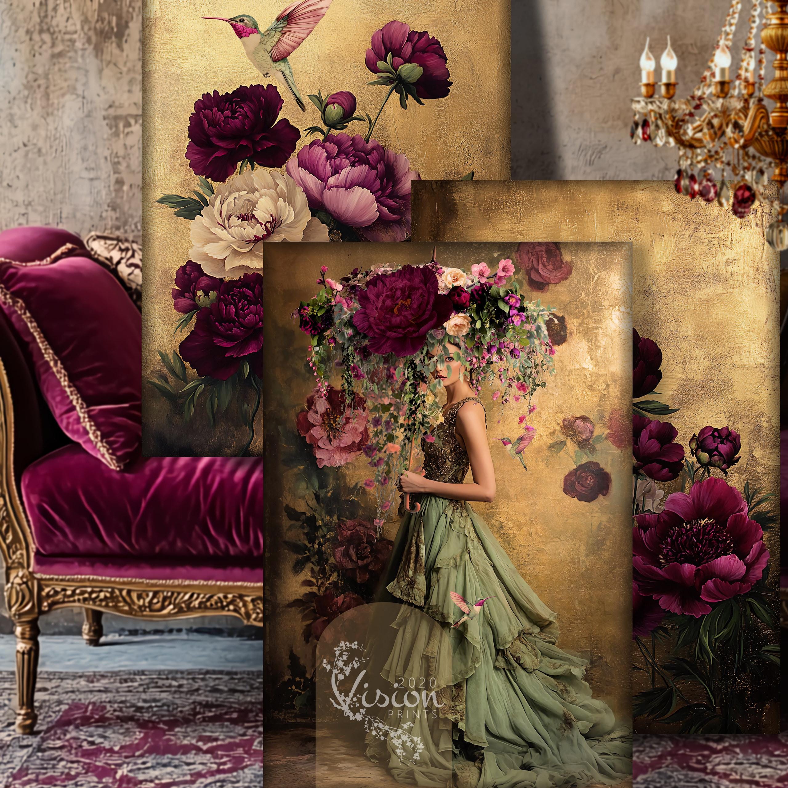 Elegant Blooms, Parasol Portrait Hummingbird & Floral Large Format Printable Wall Art Set, Vibrant Fantasy Matching Decoupage Downloads DIY