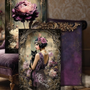 May include: A collection of vintage-style art prints featuring floral and portrait themes. One print showcases a large purple peony, while another depicts a woman in a flapper dress holding a black cat. The prints have ornate gold frames and a vintage aesthetic.