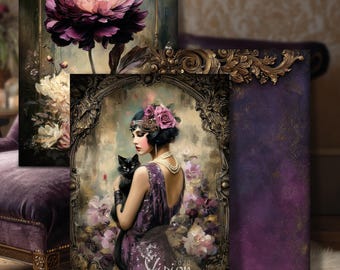 Art Deco Flapper Set | Moody Purple 1920s Lady Cat Art | Vintage Gatsby Glamour Décor | Furniture Decoupage Transfer (Digital Download)