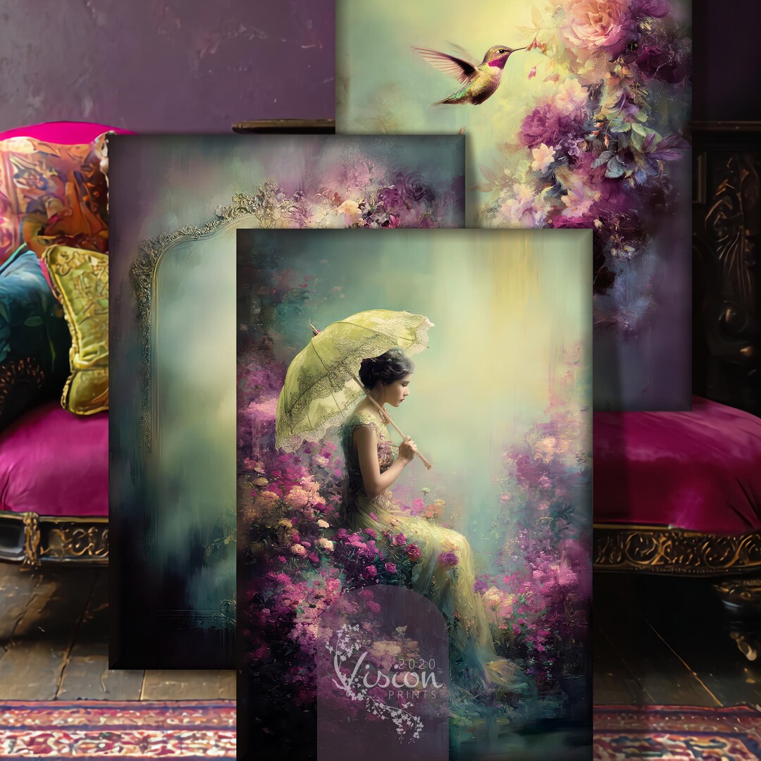 Hummingbird Lady With Parasol Art Print Set: Ethereal Floral Decoupage ...