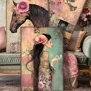 Puede incluir: Un collage de tres imágenes que muestran a una mujer con el pelo largo y oscuro sosteniendo una mariposa azul, un caballo con una corona de flores rosas y un fondo con estampado floral.
