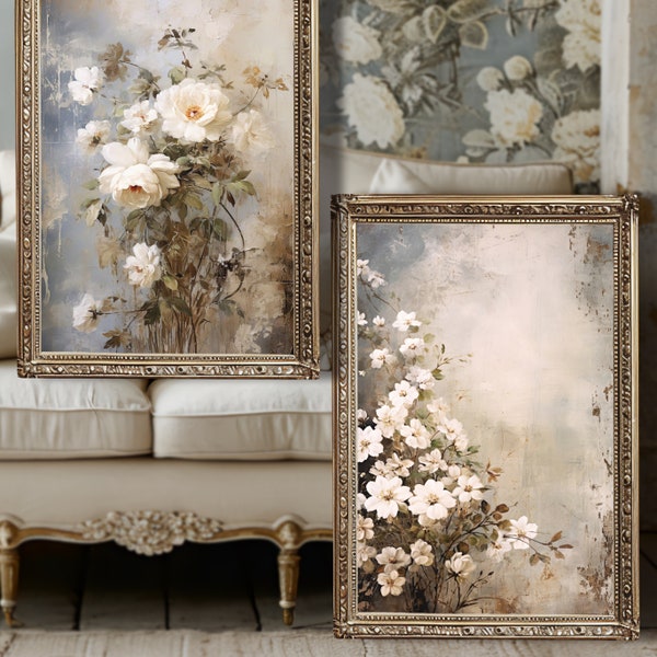 Set of 2 Light Grey Blue & Beige, Vintage Shabby Chic, Romantic French white Flowers, Large Printable Wall Art, Matching Furniture Decoupage