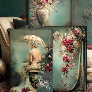 Puede incluir: Un collage de grabados artísticos de estilo vintage con arreglos florales y una mujer con un paraguas. Los grabados muestran una paleta de colores turquesa, crema y burdeos. Un grabado muestra a una mujer con un vestido sentada cerca de un estanque.