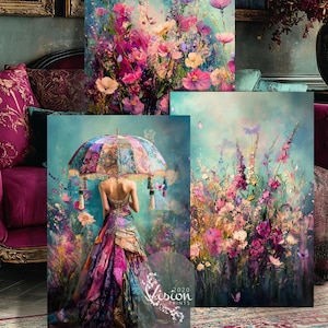 May include: An artistic composition featuring a woman in a colourful dress and a patterned umbrella, set against floral paintings. The paintings display pink, purple, and yellow flowers on a teal backdrop. The Vision Prints logo is present.