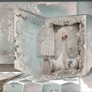 Printable Hochzeit Journal Planer Memoire Kit, Portrait Braut & Schwan, Mixed Media Serviettentechnik, Papier, Karte, Geschenkanhänger, Geschenkpapier, Memo, Schrott