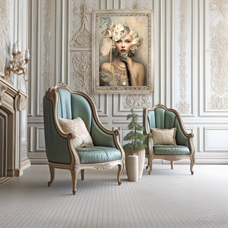 Nouveau 1920 art deco style, Gatsby  Flapper white, blonde, Beauty, peony & hummingbird, dusty blue and beige, large printable portrait wall art, furniture decoupage, digital mixed media composite limited edition artwork for creative aesthetics.