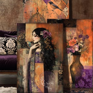 May include: A digital art print featuring a woman with long dark hair and a floral crown. She is holding a butterfly in her hand and is surrounded by a collage of colourful patterns and textures. The print includes the text "Vision Prints 2023".