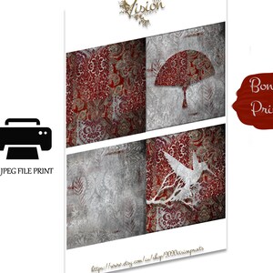 Silver and Red Matching set of 2 Printable Square Wall Art Fan Bird Paper Craft DIY Card Decoupage Scrapping Collage Grunge Rustic Texture image 7