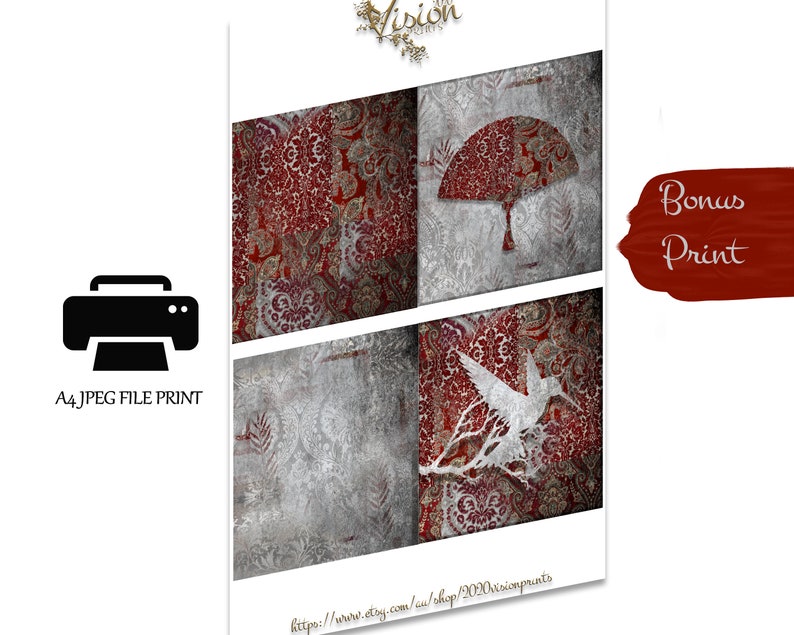 Silver and Red Matching set of 2 Printable Square Wall Art Fan Bird Paper Craft DIY Card Decoupage Scrapping Collage Grunge Rustic Texture image 7