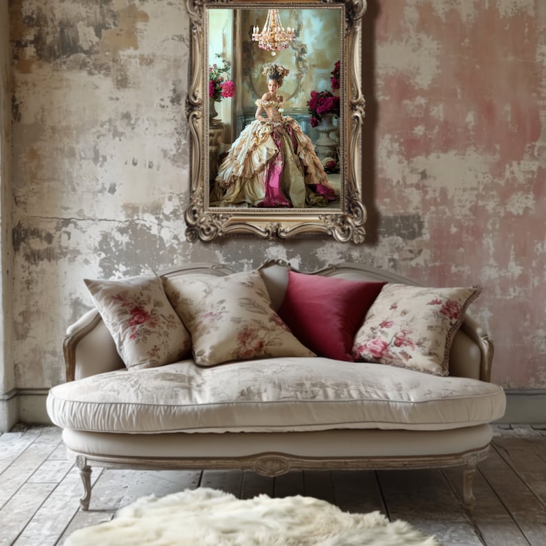 Opulent Elegance Mixed Heritage Marie Antoinette Brown Beauty Portrait Art Rococo Large Printable Wall Art, French Chic Furniture Decoupage, Digital Mixed Media Art Download.
