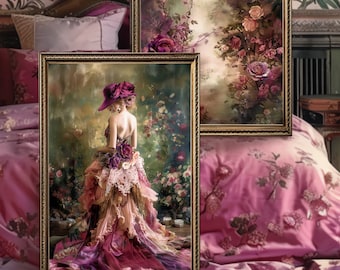 Ethereal Elegance Romantic Floral Garden Portrait Lady Boho Chic Couture Printable Large Digital Moody Wall Art Pair Matching Decoupage Set