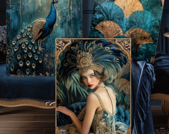 Set of 3 Art Deco, Gatsby Girl, Roaring 20&#39;s, Flapper, Peacock, Geometric Maximalist, Large Printable Wall Art, Matching Furniture Decoupage