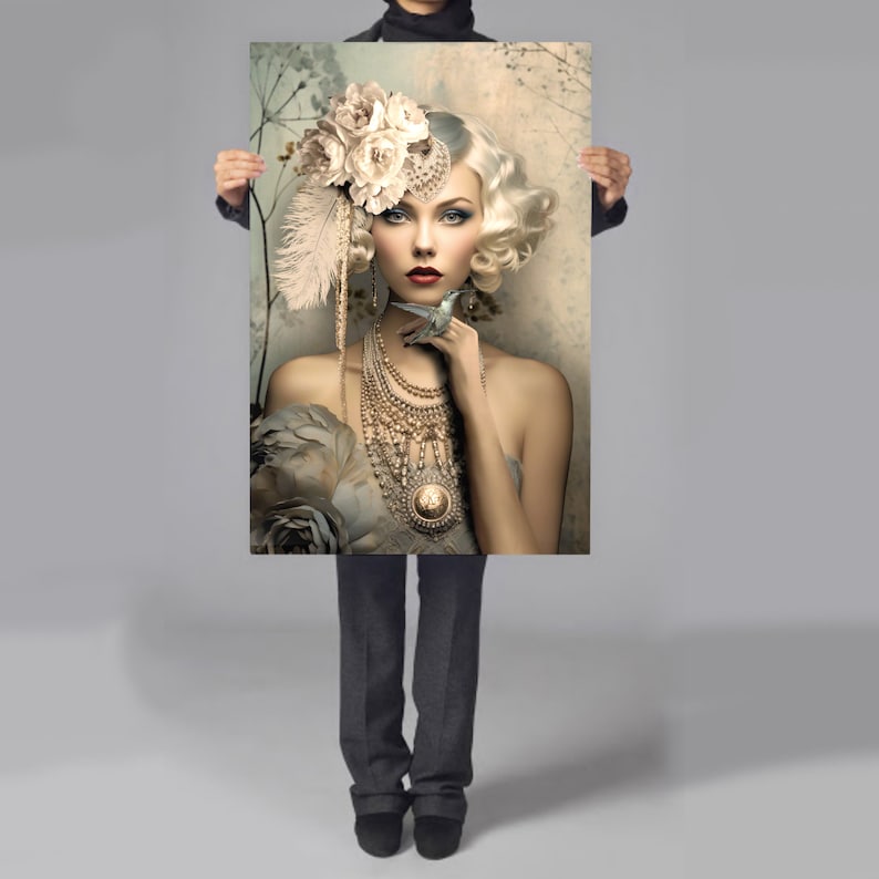 Nouveau 1920 art deco style, Gatsby  Flapper white, blonde, Beauty, peony & hummingbird, dusty blue and beige, large printable portrait wall art, furniture decoupage, digital mixed media composite limited edition artwork for creative aesthetics.