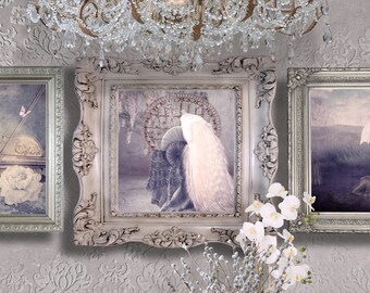 Set of Three  Art Prints,  Printable Mixed Media Fine Art Photography, Purple Romance Wall Art Set, Ethereal Girl, White Peacock, Violin Art