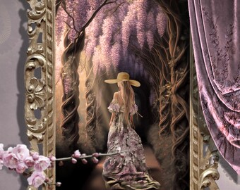 Printable Portrait of a beautiful girl walking through a Wisteria Archway, A warm Summer stroll, DIY Wall Art or Furniture Decoupage project