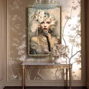 Nouveau 1920 art deco style, Gatsby  Flapper white, blonde, Beauty, peony & hummingbird, dusty blue and beige, large printable portrait wall art, furniture decoupage, digital mixed media composite limited edition artwork for creative aesthetics.