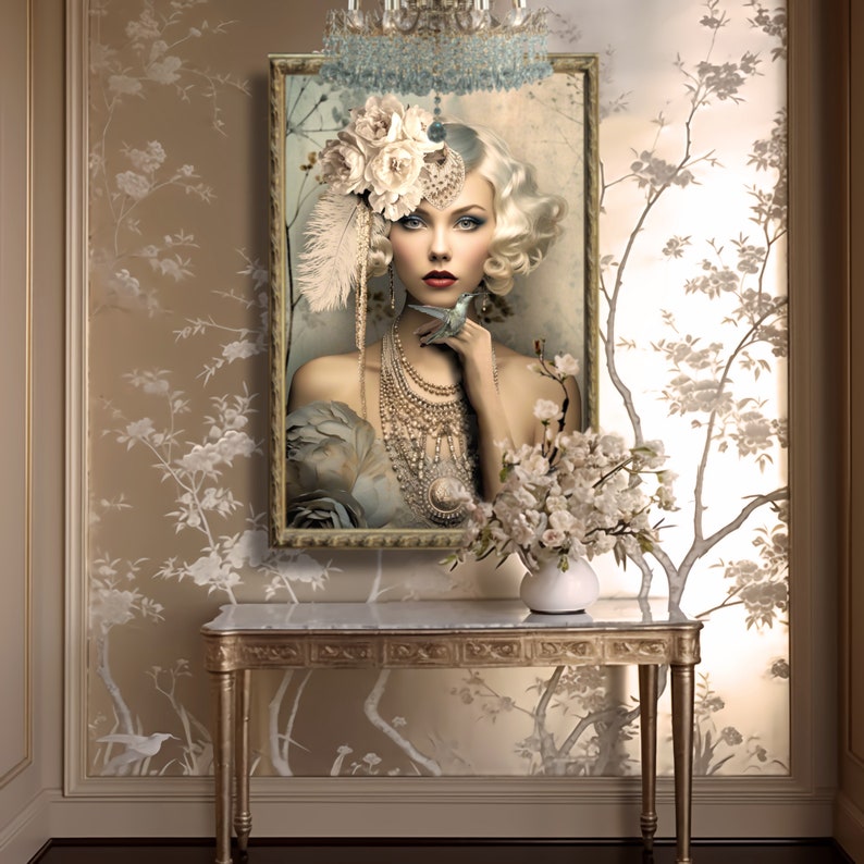 Nouveau 1920 art deco style, Gatsby  Flapper white, blonde, Beauty, peony & hummingbird, dusty blue and beige, large printable portrait wall art, furniture decoupage, digital mixed media composite limited edition artwork for creative aesthetics.