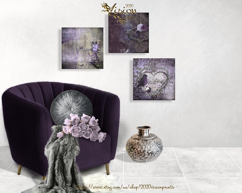 Hope Faith Love  Printable Wall art Purple Silver Butterfly image 1