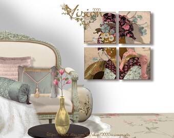 Geisha Beige Pink Blue Gold Fabric Patchwork Printable Wall Art Square Polyptych Paper Decoupage Craft DIY Set Floral Fan Portrait jpeg File