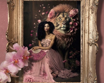 Lioness, Dark Moody Floral, Printable Portrait, Afro Beauty, Embellished Lion, Pink Feminine Power, DIY  Wall Art, Large Furniture Decoupage