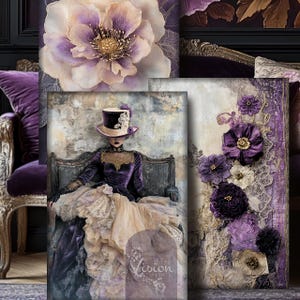 Eclectische elegantie, dame met hoge hoed, mixed media en bloemen, grootformaat afdrukbare muurkunst, bijpassende mode-fantasie-downloadset decoupage
