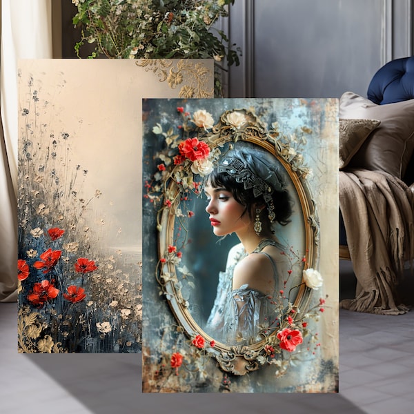 Vintage Style Gypsy Flapper Beauty, Portrait & Floral Landscape, Set of 2 Large, Printable, Wall Art, Matching Furniture Decoupage, DIY's