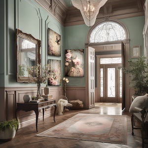 May include: A light green and brown hallway with a large arched doorway, a rug, and three framed floral prints on the wall. The prints feature a bird, a mannequin wearing a dress, and a bouquet of roses.