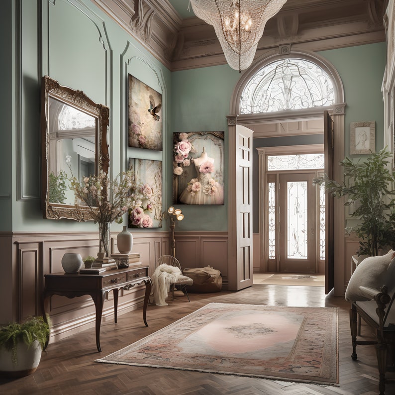 May include: A light green and brown hallway with a large arched doorway, a rug, and three framed floral prints on the wall. The prints feature a bird, a mannequin wearing a dress, and a bouquet of roses.
