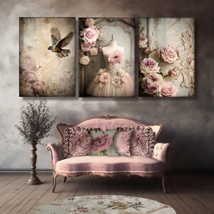 May include: Three vintage-style canvas prints featuring a pink floral design. The center print shows a white dress with pink flowers on a mannequin. The left print shows a bird in flight. The right print shows a floral arrangement with a distressed background.