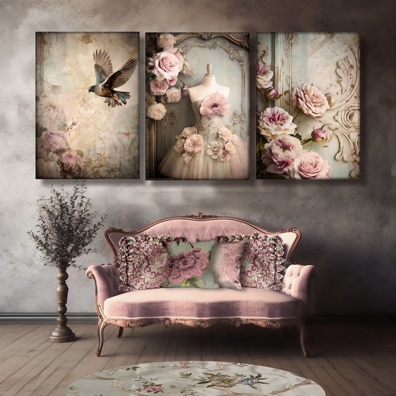 May include: Three vintage-style canvas prints featuring a pink floral design. The center print shows a white dress with pink flowers on a mannequin. The left print shows a bird in flight. The right print shows a floral arrangement with a distressed background.