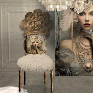 Nouveau 1920 art deco style, Gatsby  Flapper white, blonde, Beauty, peony & hummingbird, dusty blue and beige, large printable portrait wall art, furniture decoupage, digital mixed media composite limited edition artwork for creative aesthetics.