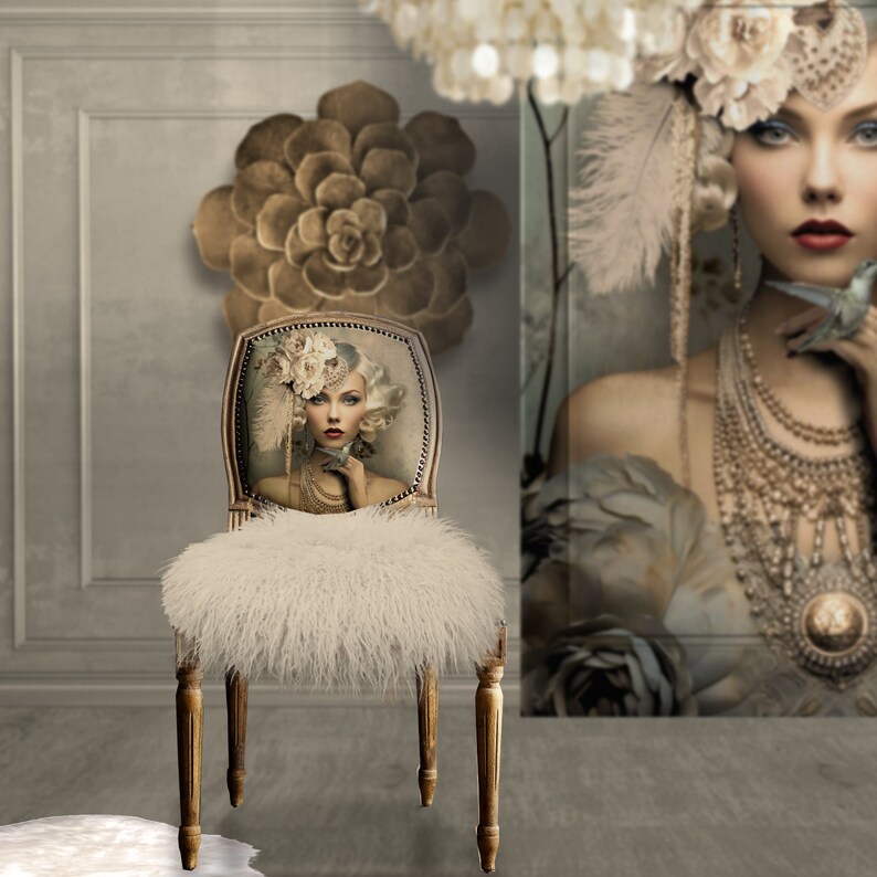 Nouveau 1920 art deco style, Gatsby  Flapper white, blonde, Beauty, peony & hummingbird, dusty blue and beige, large printable portrait wall art, furniture decoupage, digital mixed media composite limited edition artwork for creative aesthetics.