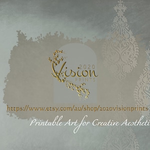 Peut inclure: Une illustration num&eacute;rique d'un logo dor&eacute; avec le texte "2020 Vision Prints" et un motif floral. Le texte "Printable Art for Creative Aesthetics" est sous le logo. L'arri&egrave;re-plan est bleu clair avec un motif blanc.