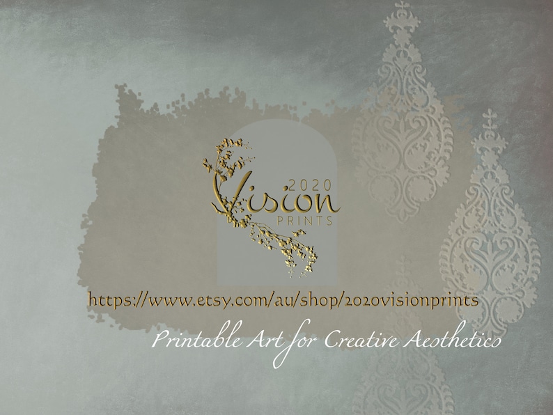 Peut inclure: Une illustration num&eacute;rique d'un logo dor&eacute; avec le texte "2020 Vision Prints" et un motif floral. Le texte "Printable Art for Creative Aesthetics" est sous le logo. L'arri&egrave;re-plan est bleu clair avec un motif blanc.