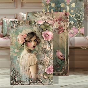 Puede incluir: Una impresión de arte de inspiración vintage con una mujer de cabello corto y ondulado que lleva un vestido rosa claro y un sombrero blanco. El fondo es de un suave azul verdoso con detalles dorados y flores rosas.