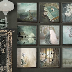 Wall art prints set nine Digital Download boho Mixed media wall art portrait bird  botanical, decoupage paper, fine art photography prints,