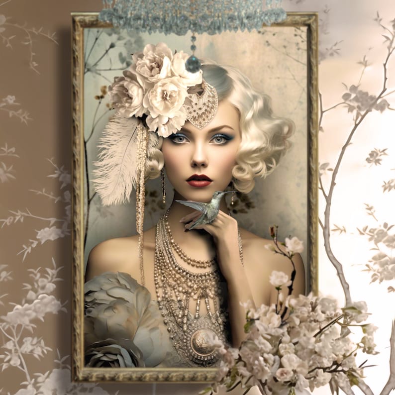 Nouveau 1920 art deco style, Gatsby  Flapper white, blonde, Beauty, peony & hummingbird, dusty blue and beige, large printable portrait wall art, furniture decoupage, digital mixed media composite limited edition artwork for creative aesthetics.