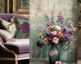 Puede incluir: Un ramo de flores rosas, moradas y melocotón en un jarrón azul oscuro sobre un fondo verde. Las flores están dispuestas en un estilo suelto y natural.