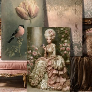 May include: A digital art print featuring a person in an elaborate, ruffled cream and pink gown with a high-piled hairstyle, surrounded by roses and a small bird. The composition includes a large tulip, a bullfinch, and ornate damask patterns.