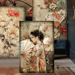 Puede incluir: Una mujer con un kimono japonés tradicional sostiene un paraguas blanco y dorado con diseños florales. El fondo presenta un patrón floral con linternas y un abanico.