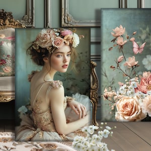 Una musa delicata, ballerina, farfalla e fiori, stampabile, grande set di decorazioni murali, interni in stile francese chic, decoupage di mobili, composizione digitale