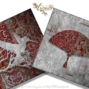 Silver and Red Matching set of 2 Printable Square Wall Art Fan Bird Paper Craft DIY Card Decoupage Scrapping Collage Grunge Rustic Texture image 2