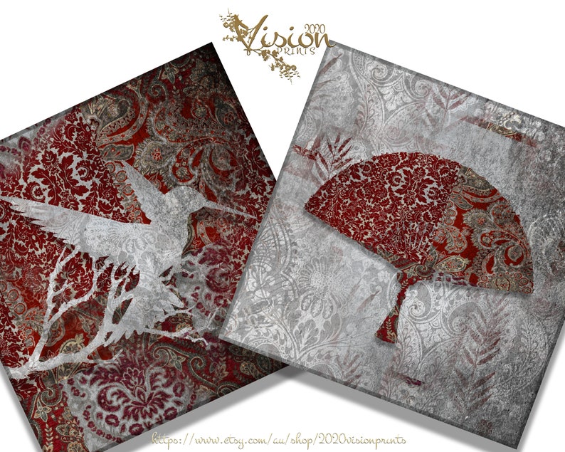 Silver and Red Matching set of 2 Printable Square Wall Art Fan Bird Paper Craft DIY Card Decoupage Scrapping Collage Grunge Rustic Texture image 2