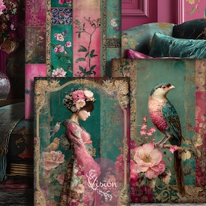 May include: A selection of vintage art prints with a teal, pink, and gold colour scheme. The prints depict a woman in a floral headdress and a bird. Floral and patterned backgrounds are visible. The text "Vision Prints" is displayed on one of the prints.