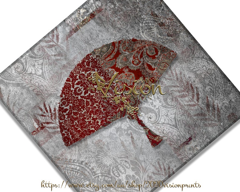 Silver and Red Matching set of 2 Printable Square Wall Art Fan Bird Paper Craft DIY Card Decoupage Scrapping Collage Grunge Rustic Texture image 6