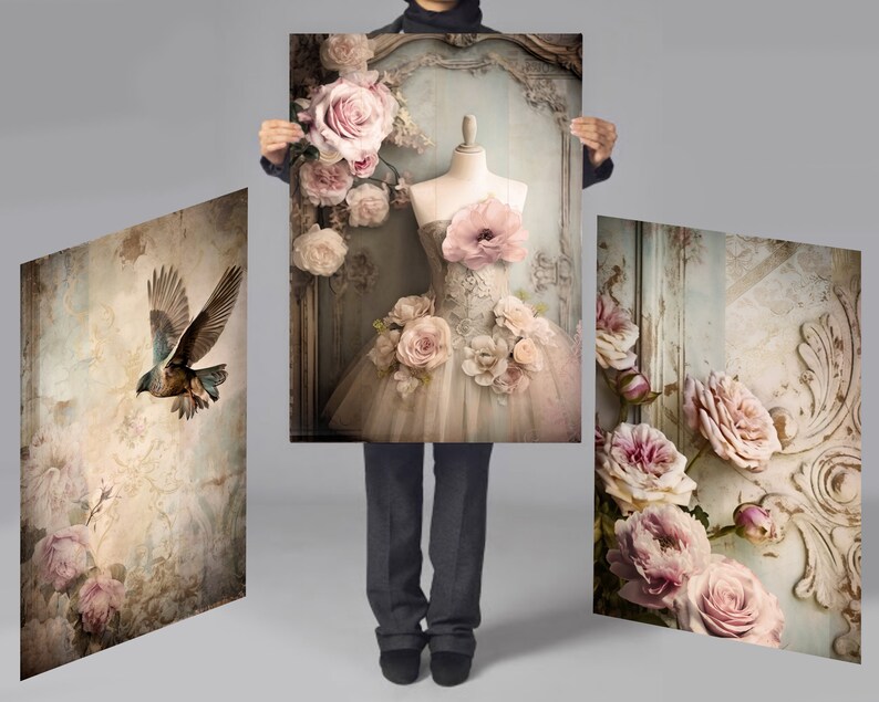 May include: A set of three vintage-inspired art prints featuring a delicate white dress with pink roses, a bird in flight, and a bouquet of pink roses against a distressed background.