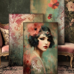 May include: An artistic display of vintage-style wall art. The central piece features a woman with dark hair and red lips, adorned with a floral headpiece. Surrounding pieces showcase floral and damask patterns in muted tones. The Vision Prints logo is visible.