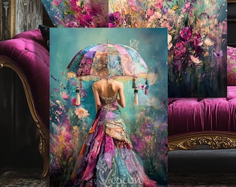 Vibrant Dreams Floral Fantasy Portrait Triptych, Large Format Ethereal Digital Download, Printable Matching Decoupage Lady with Wild flowers