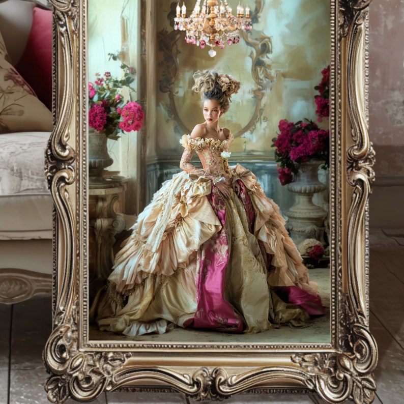 Opulent Elegance Mixed Heritage Marie Antoinette Brown Beauty Portrait Art Rococo Large Printable Wall Art, French Chic Furniture Decoupage, Digital Mixed Media Art Download.