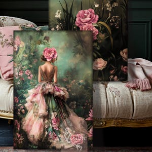 May include: A woman in a pink and green floral gown stands in a lush garden setting. The gown is layered with tulle and features a floral print. The background is a blurred image of a garden with green foliage and pink flowers.